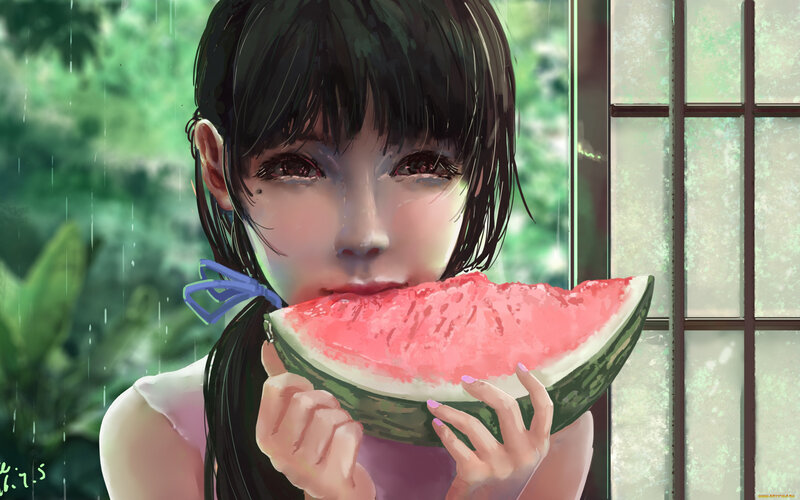 Anime Girl Eating Watermelon — Green, Calm