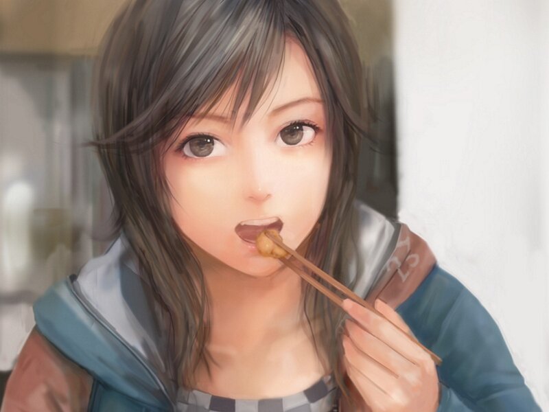 anime girl eating with chopsticks
