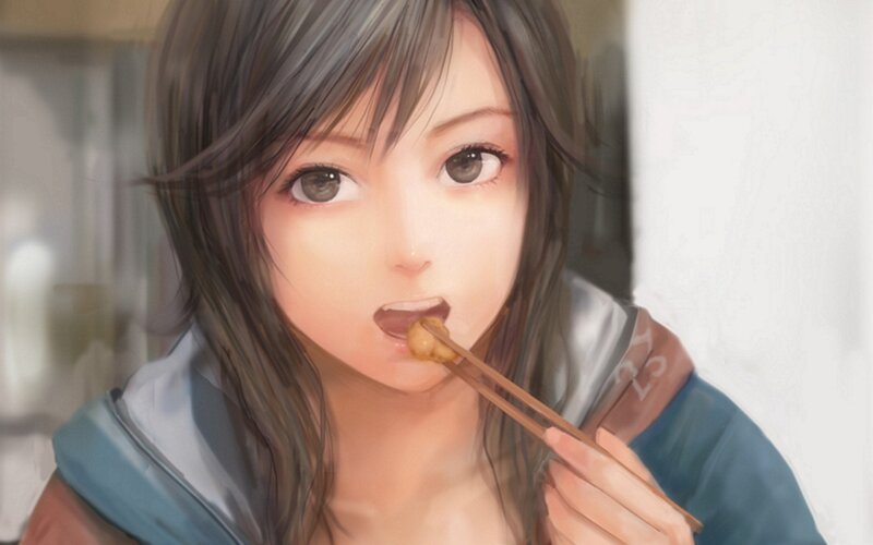 anime girl eating with chopsticks