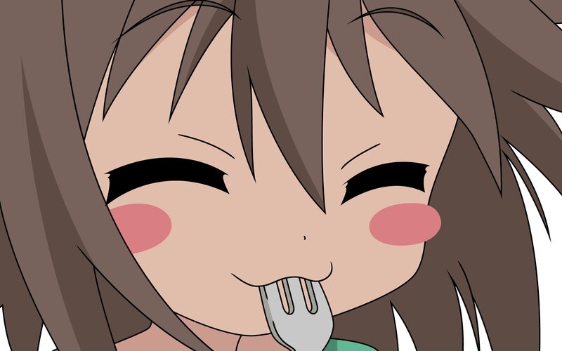 anime girl eating with fork