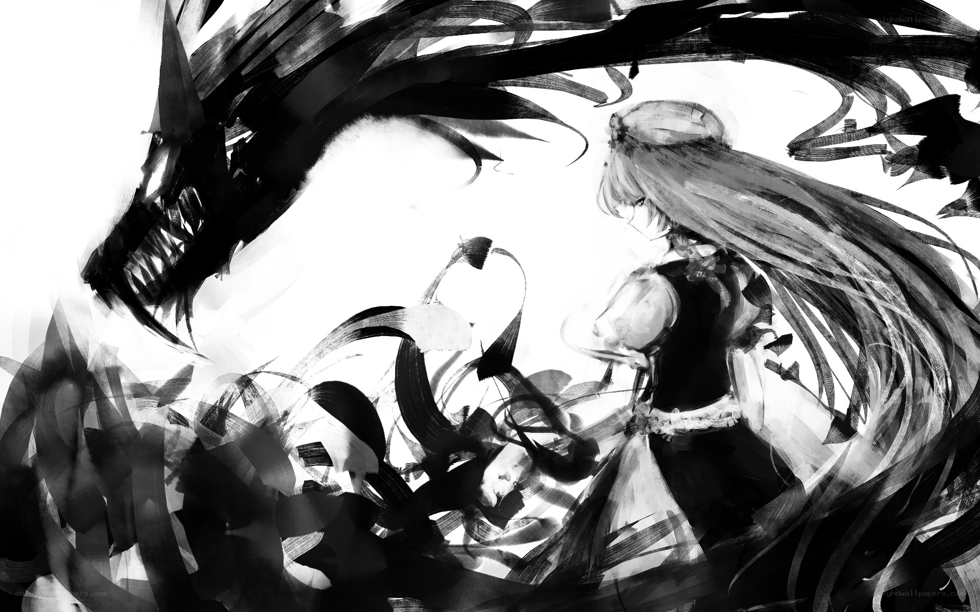 Anime girl facing a dark creature