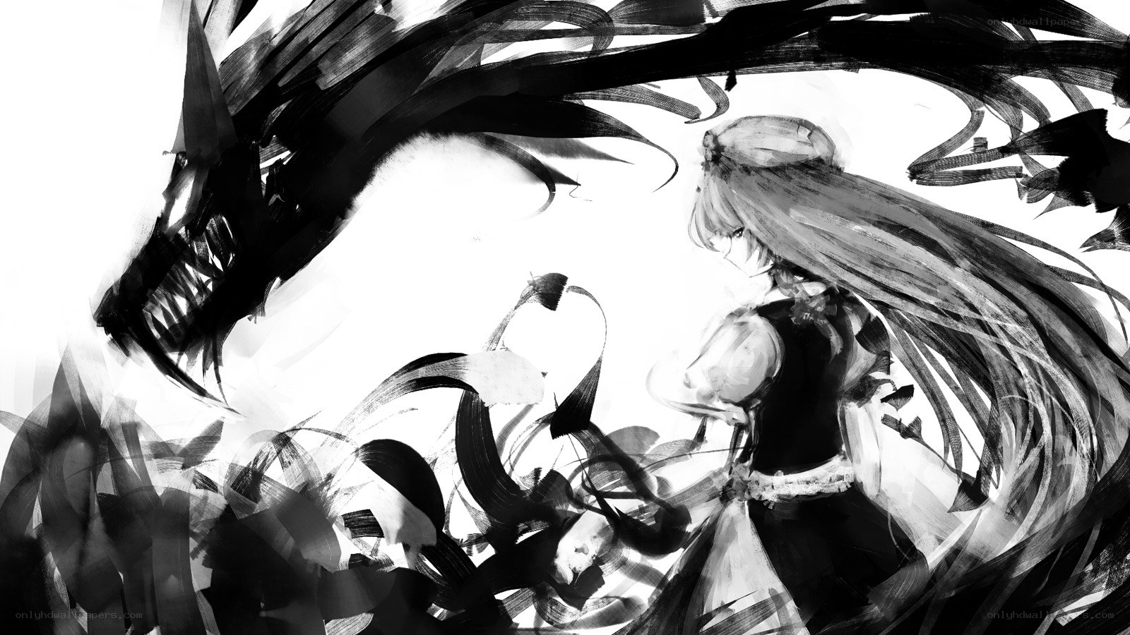 anime girl facing a dark dragon