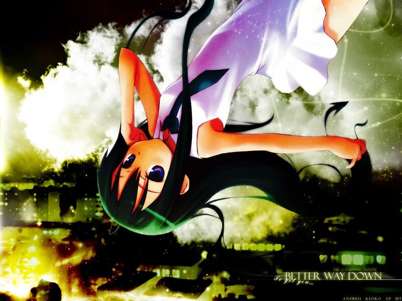Anime Girl Falling — Black, Dramatic, Night, Clouds
