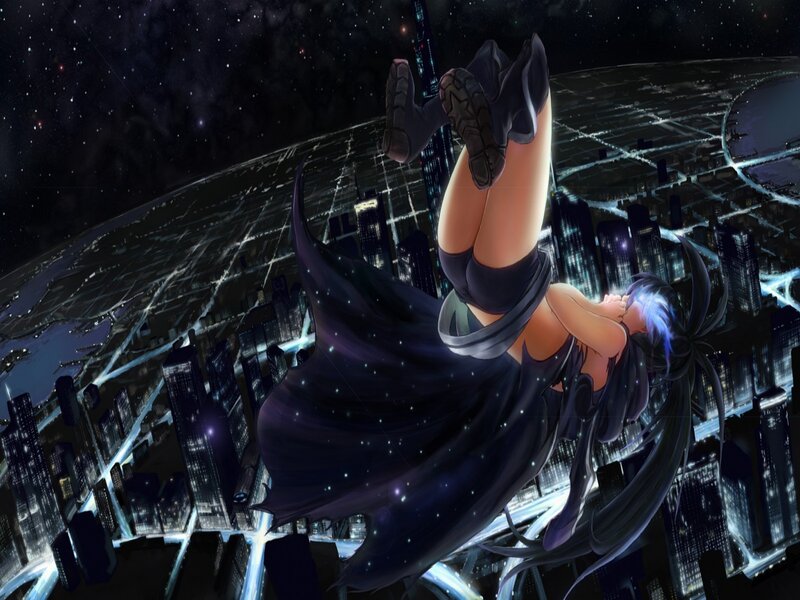Anime Girl Falling — Black, Dramatic, Night