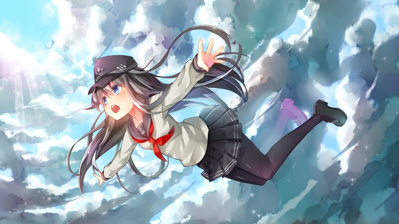 Anime Girl Falling — Blue, Dramatic, Digital Art, Clouds, Skirt