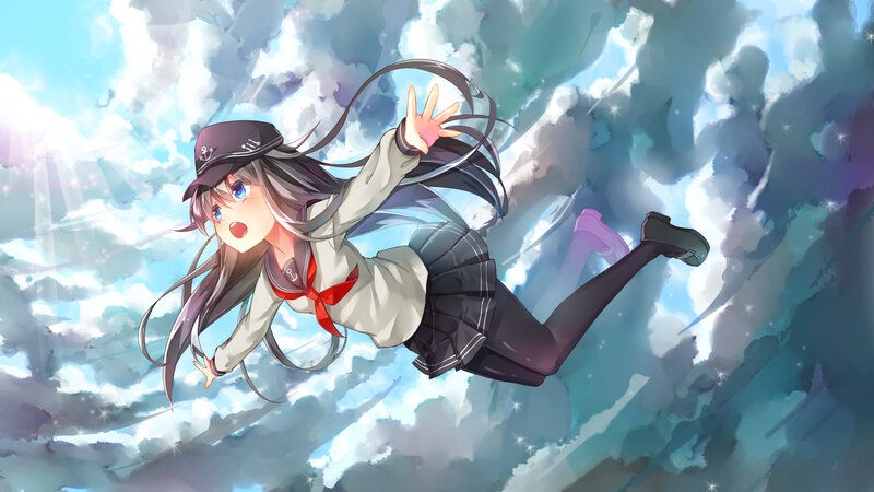 Anime Girl Falling — Blue, Dramatic, Digital Art, Clouds