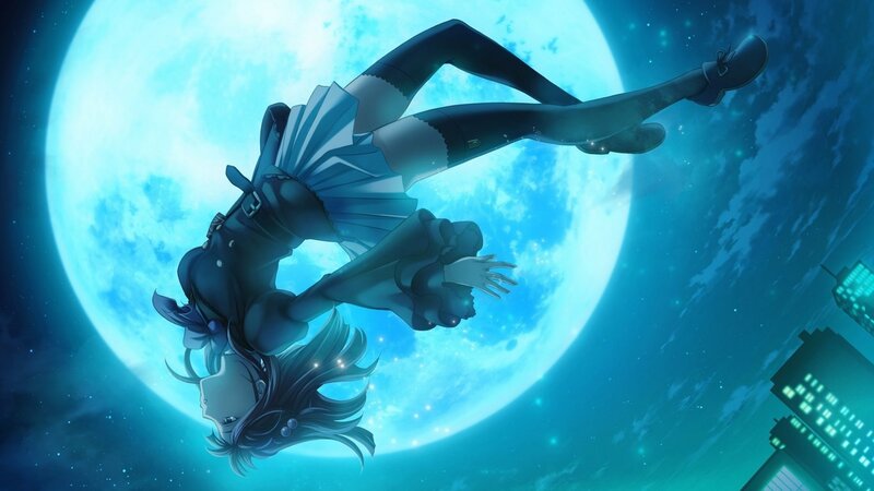 Anime Girl Falling — Blue, Dramatic, Night, Moon, City, Night Sky