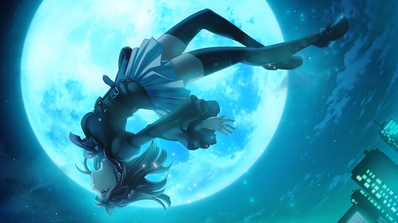 Anime Girl Falling — Blue, Dramatic, Night, Moon, City