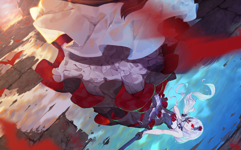 Anime Girl Falling — Blue, Dramatic, Sunset, Digital Art, Sword