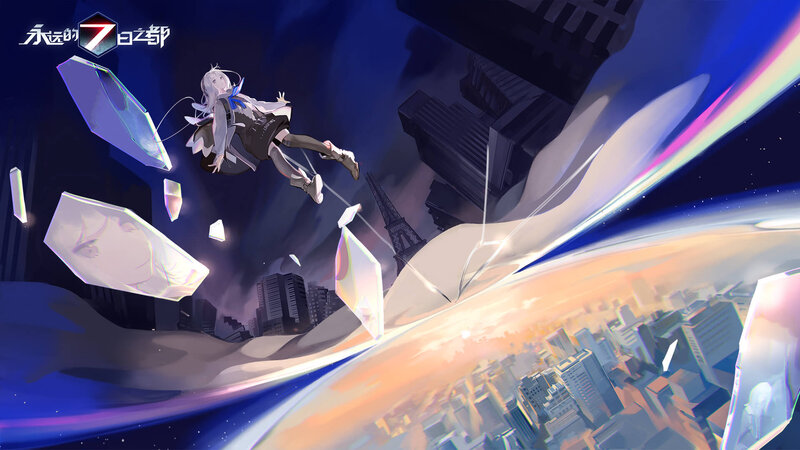 Anime Girl Falling — Blue, Dramatic, Sunset, Digital Art