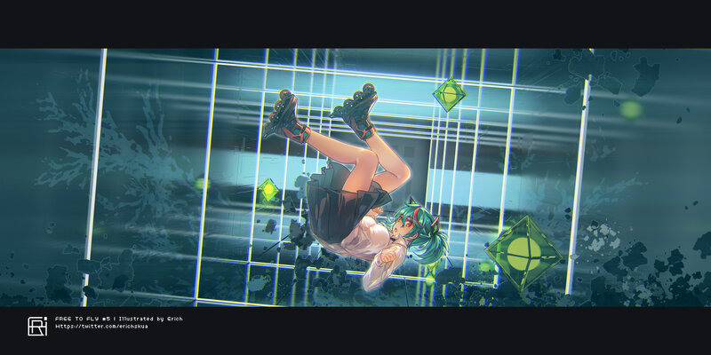 Anime Girl Falling — Green, Dramatic