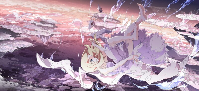 Anime girl falling in a surreal landscape