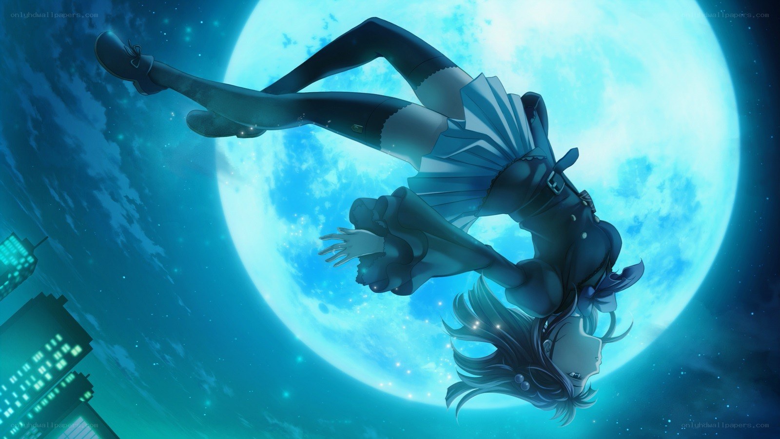 anime girl falling in moonlight