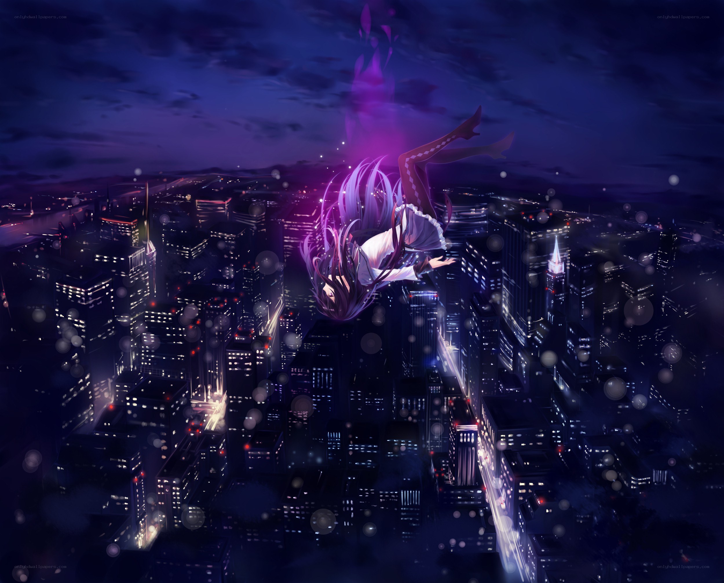 anime girl falling over city