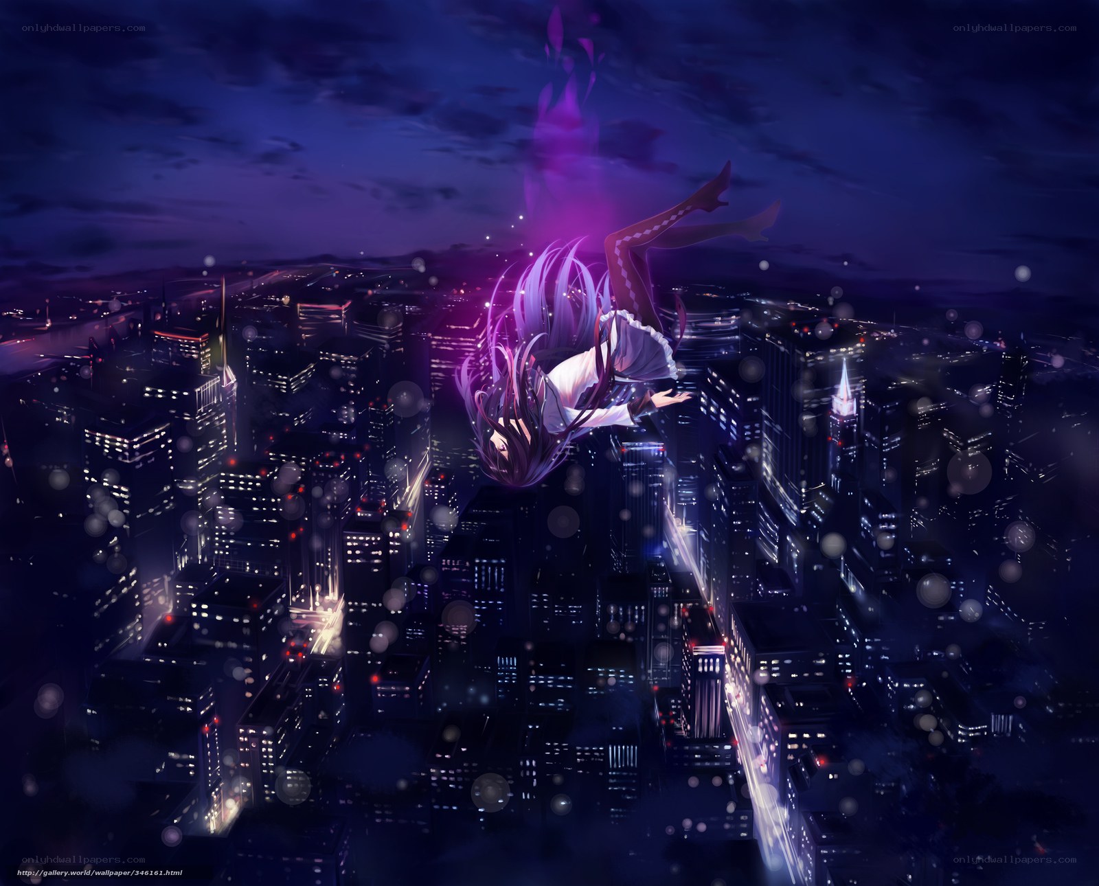 Anime girl falling over city