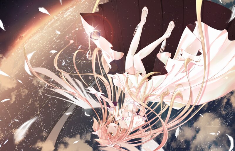 Anime Girl Falling — Pink, Dramatic, Digital Art, Feathers
