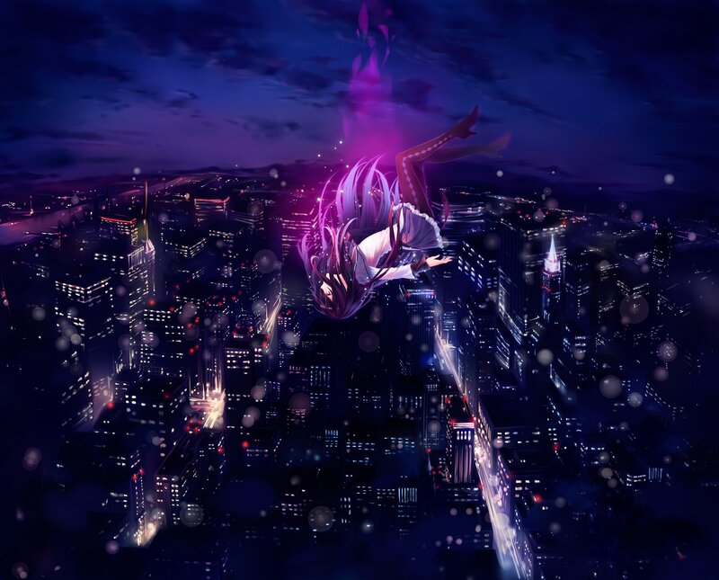 Anime Girl Falling — Purple, Dramatic, Night, Digital Art