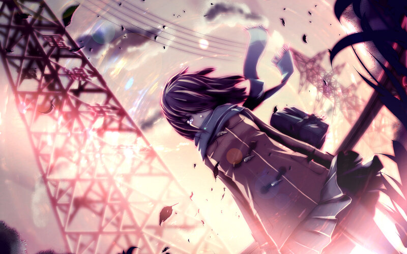 Anime Girl Falling — Purple, Dramatic, Sunset, Digital Art, Power Line Tower