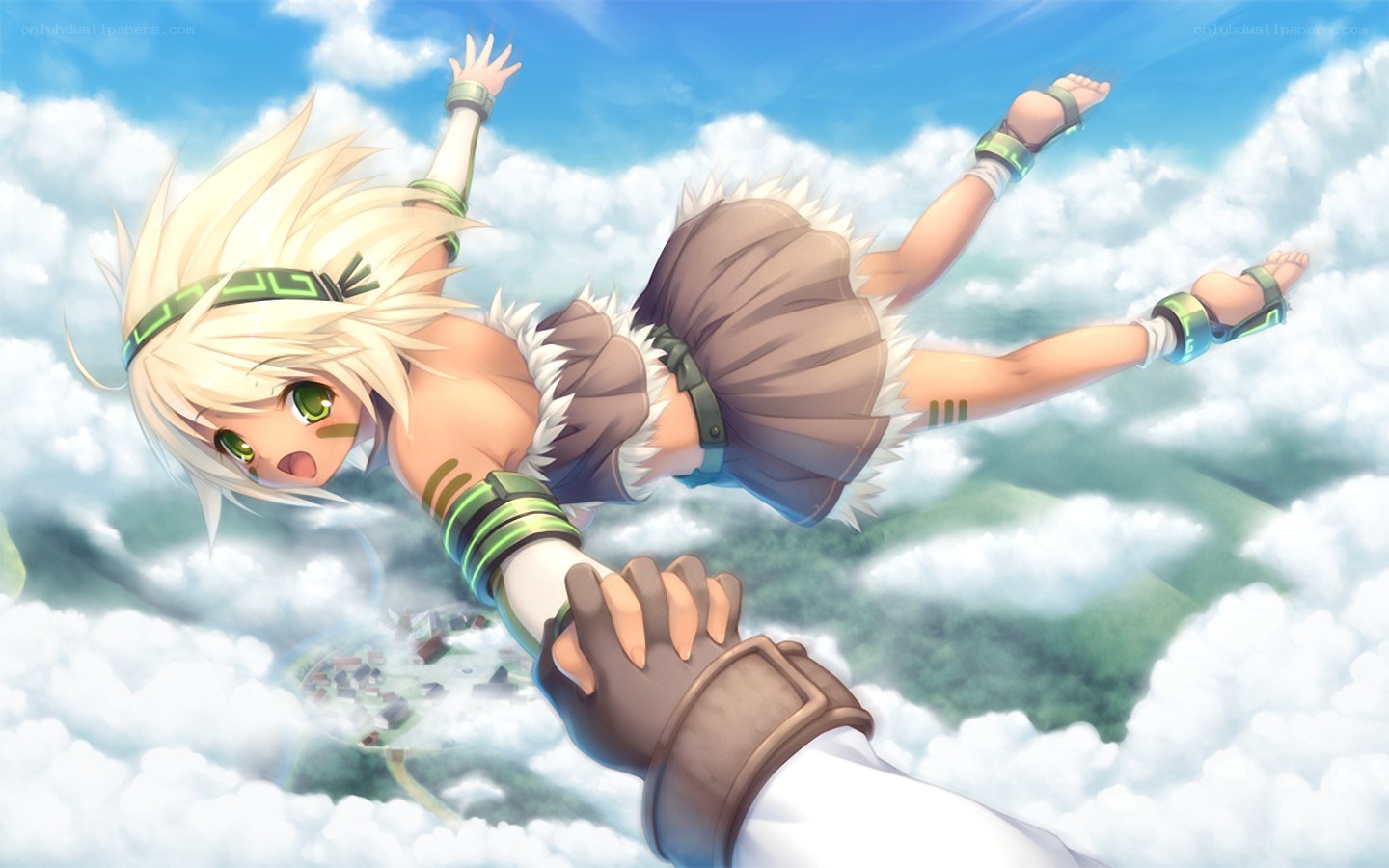 Anime girl falling through clouds