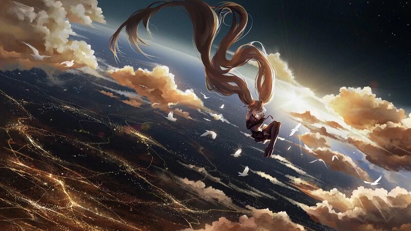 Anime Girl Falling Through Clouds — Brown, Dramatic, Serene