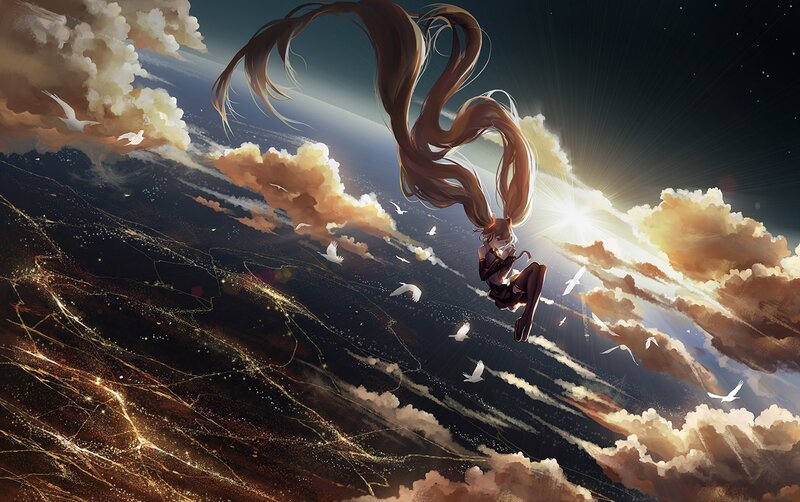 Anime Girl Falling Through Clouds — Brown