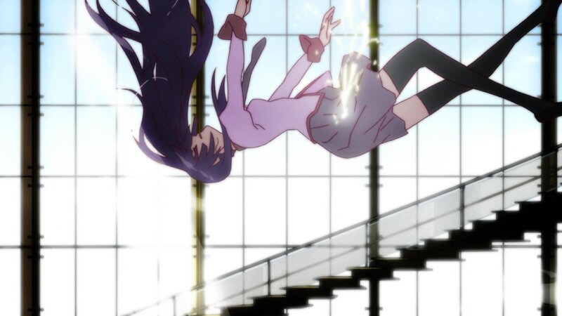 Anime girl falling through glass