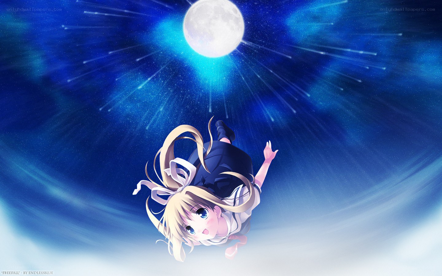 Anime girl falling through night sky