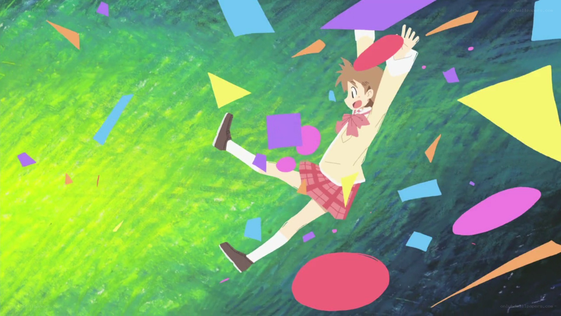 anime girl falling with confetti