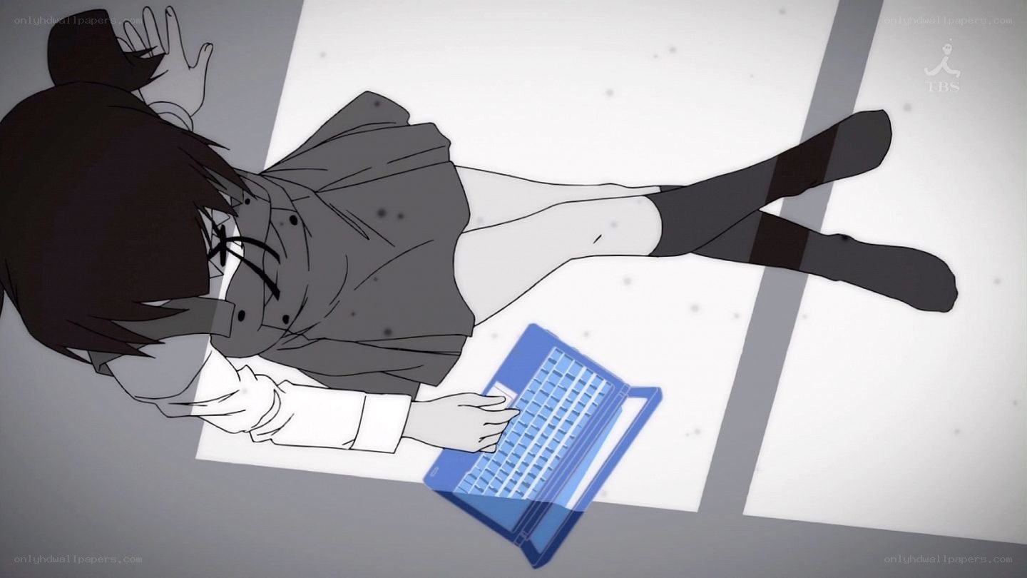 anime girl falling with laptop