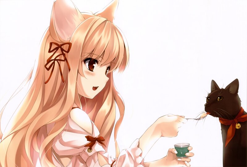 Anime girl feeding a cat