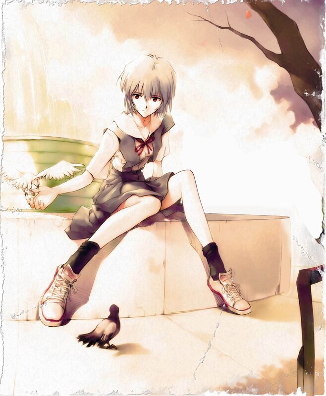Anime girl feeding birds