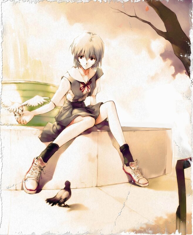 anime girl feeding birds