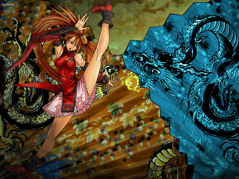 anime girl fighting a dragon