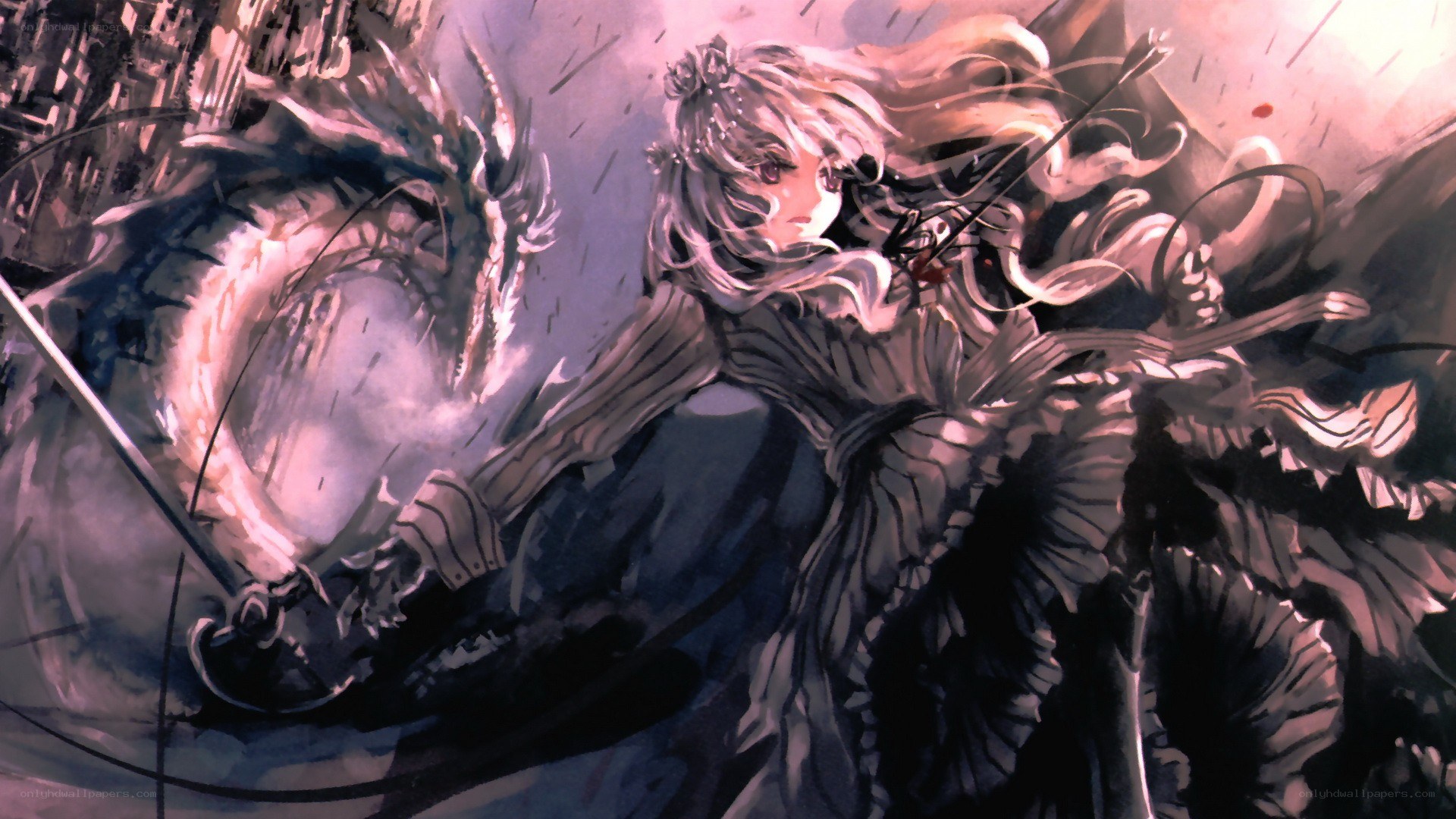 anime girl fighting a dragon