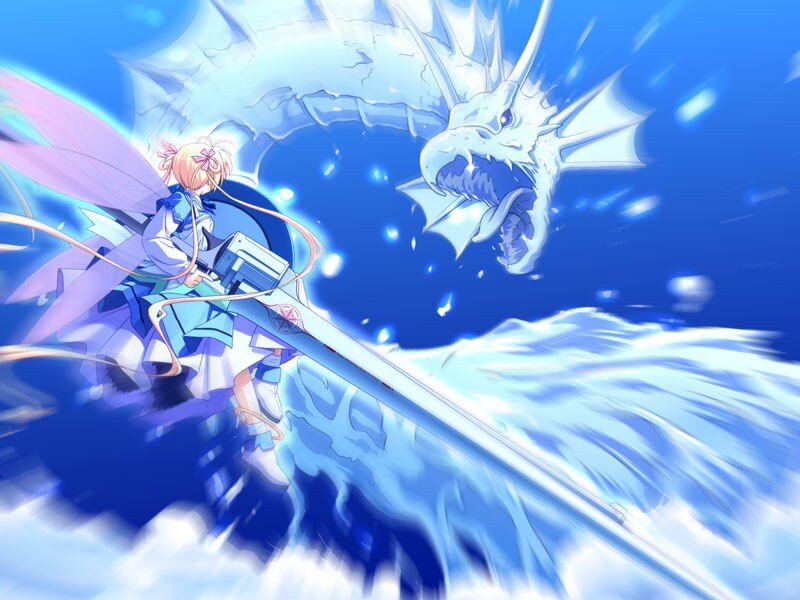 anime girl fighting ice dragon