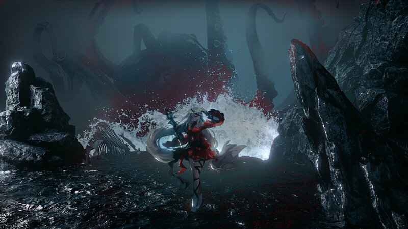 Anime Girl Fighting Monster — Black, Dramatic