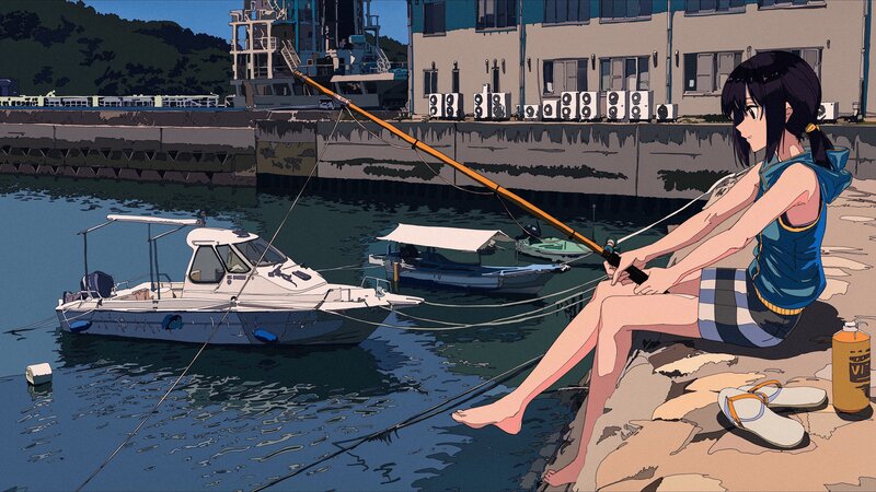 Anime Girl Fishing — Blue, Serene, Afternoon