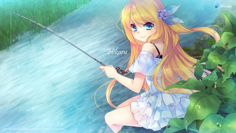 Anime girl fishing by a river