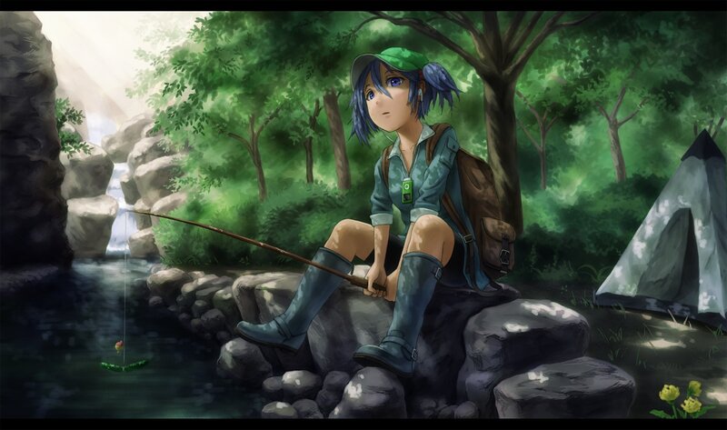 Anime girl fishing in forest