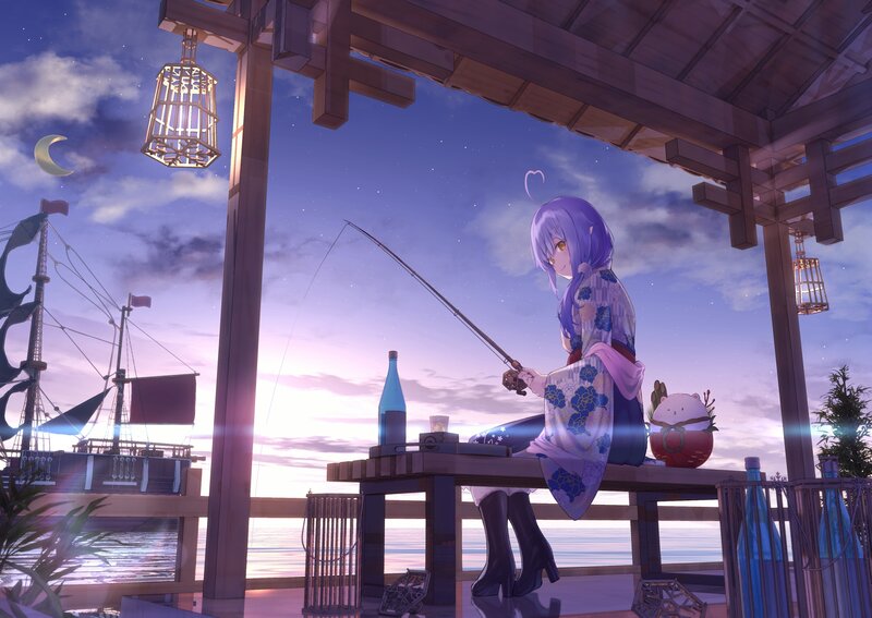 Anime Girl Fishing — Purple, Serene