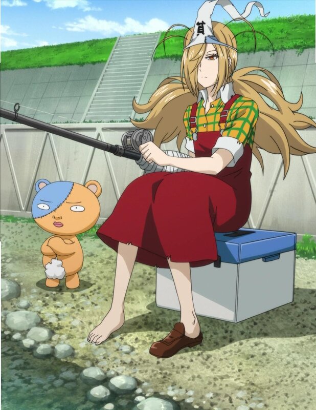 Anime girl fishing with a bear