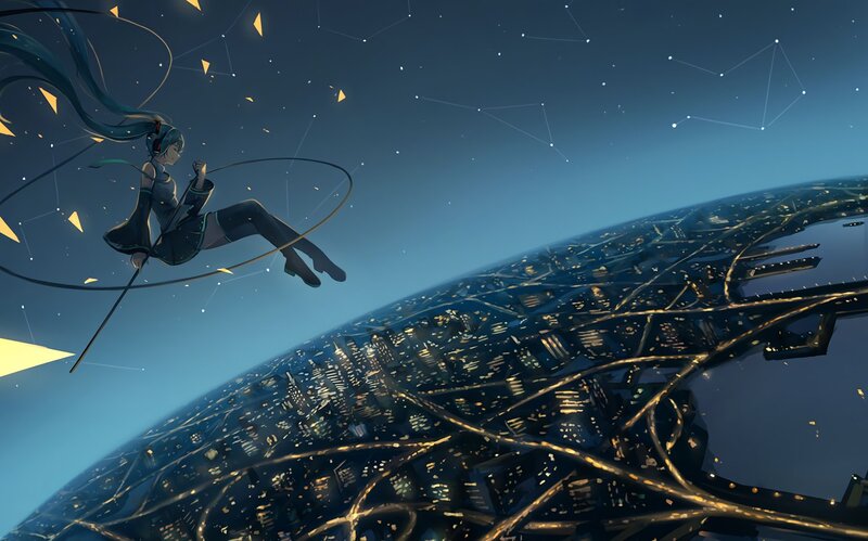 Anime Girl Floating Above City — Blue