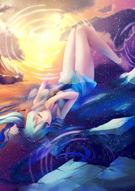 Anime Girl Floating — Blue, Dramatic, Sunset