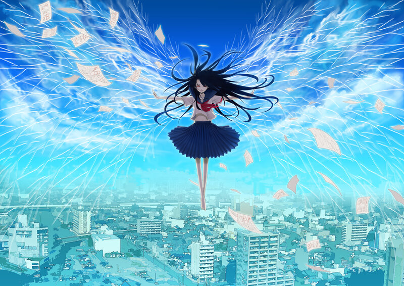 Anime Girl Floating — Blue, Dramatic