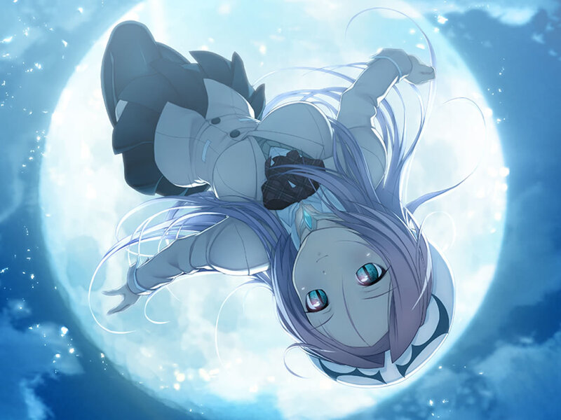 Anime Girl Floating — Blue, Serene, Night, Moon, Clouds, Long Hair