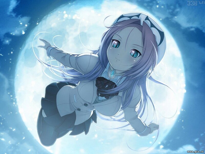 Anime Girl Floating — Blue, Serene, Night, Moon, Clouds