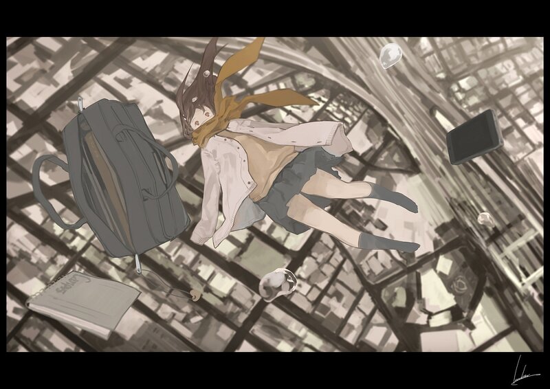 Anime Girl Floating — Gray, Dreamy