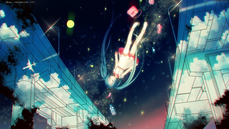 Anime girl floating in a starry city