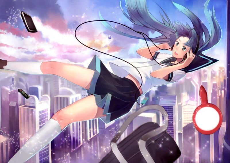 Anime girl floating in city
