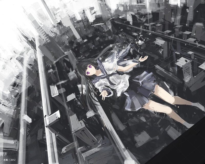 Anime Girl Floating in Debris